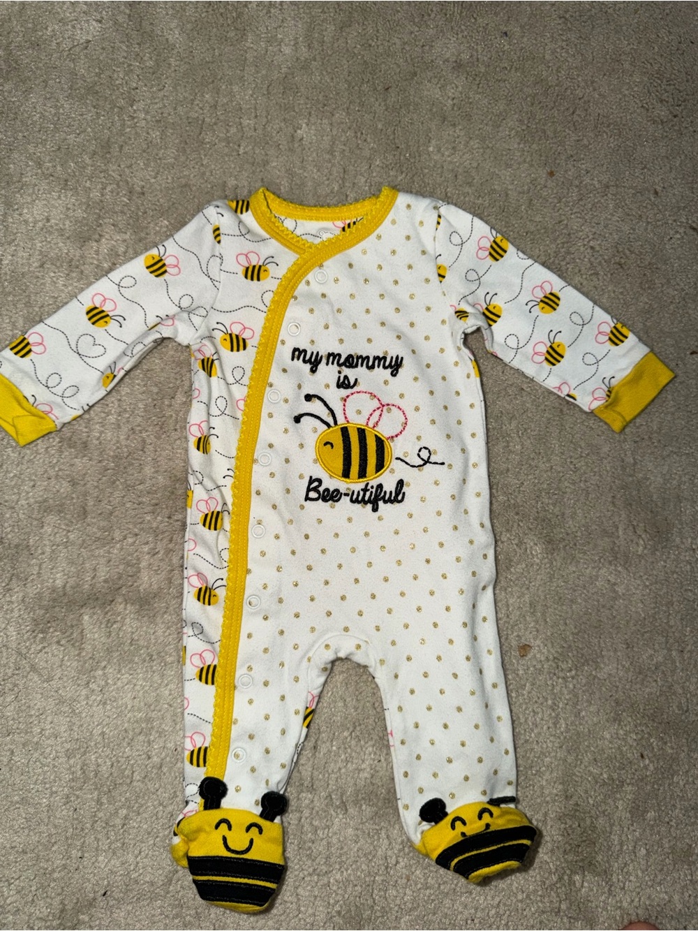 Koala Kids Yellow & White Bee-Print One-Piece Footie